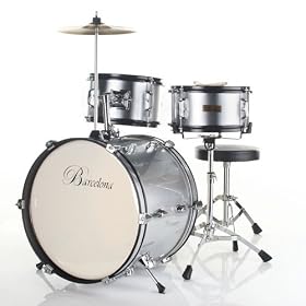 Barcelona Three-Piece 16-Inch Kid's Drum Set with Seat, Cymbal, and Sticks - Silver