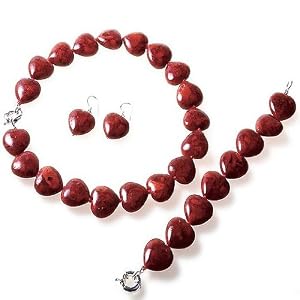 Candygem Red Coral Heart Valentine's Love Necklace, Bracelet and 925 Sterling... by 