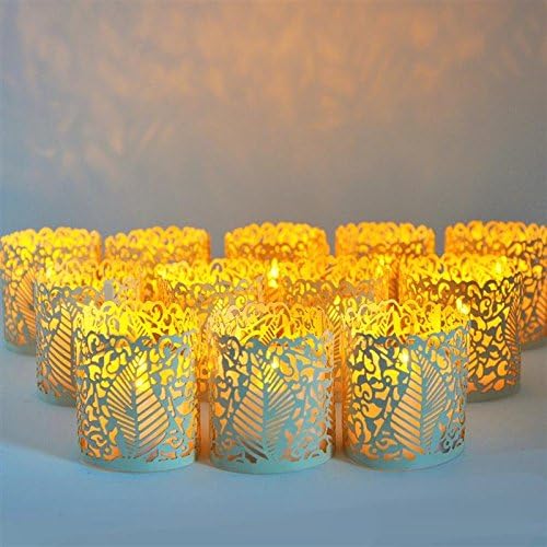 Shine-Co Flameless Tealight Set 12 Battery Powered Romantic Flickering LED Candles Votive Style with Timer Function- Fake Candles With Light Wraps Included