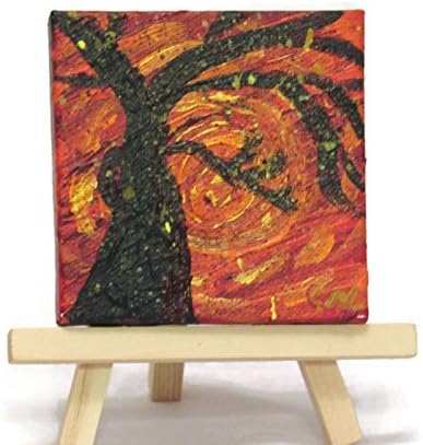 'Fiery Sunset' is a whimsical red and gold sunset in acrylics on miniature canvas with wooden display easel.