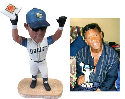Rickey Henderson Autographed/Hand Signed Photo w/ Bobble Head Statue