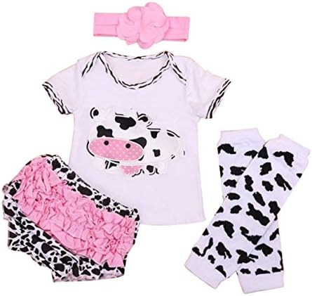 Yoyook Baby Girl Cotton Short Sleeve Cow T-shirt Pants 4pcs/set (L(12-24 Months), White)