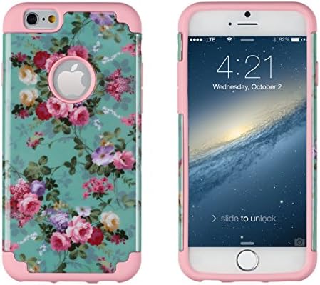 iPhone 6, DandyCase 2in1 Hybrid High Impact Hard Vintage Sea Green Floral Pattern + Pink Silicone Case Cover for Apple iPhone 6 (4.7" screen) + DandyCase Screen Cleaner