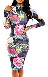 Sexy Long Sleeves Floral Print Turtleneck Bodycon Dress 