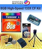 Transcend 8GB 133X CF Card Starter Kit. Kit Includes Transcend 8GB High-Speed 133X CF card, Tabletop bendable Wire Tripod, Multi-Card USB Reader/Writer, LCD Protection Film Kit, Lens cleaning Kit and Memory Card wallet.