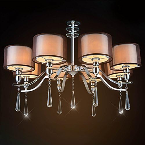 BYB® T8017-8 Modern 8-Light Chandelier, Arching Rectangular Arms, Polished Chrome Finish with Fabric Shades and K9 Optical Crystal Column Ornament