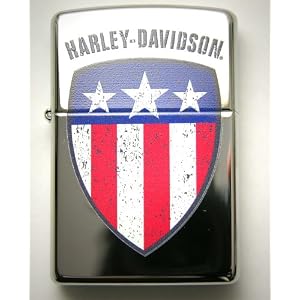 Zippo Lighter, Harley-Davidson® Zippo US Flag Shield Lighter. All chrome with aged USA flag emblem. 15A-24868