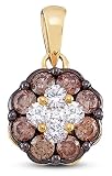14K Yellow Gold Dangle Drop Flower Invisible Channel Set Round White and Chocolate Brown Diamond Pendant - (1/2 cttw)