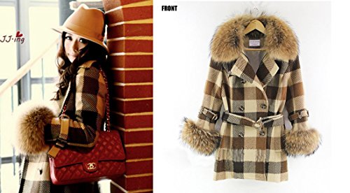 カシミヤ コート/ジャケット 格子縞 狸毛皮襟 着痩せ効果 可愛い 取り外し可能な毛皮襟 DG145CZC
