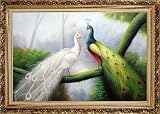 White and Blue Peacocks on Old Tree Oil Painting, with Ornate Antique Dark Gold Wood Frame 30 x 42 inches