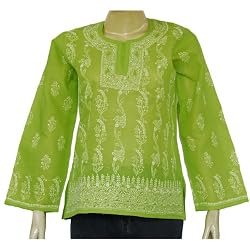 Cotton Shirts Womens Long Sleeve Top Blouse Chikan Embroidery Size M (ctop389)