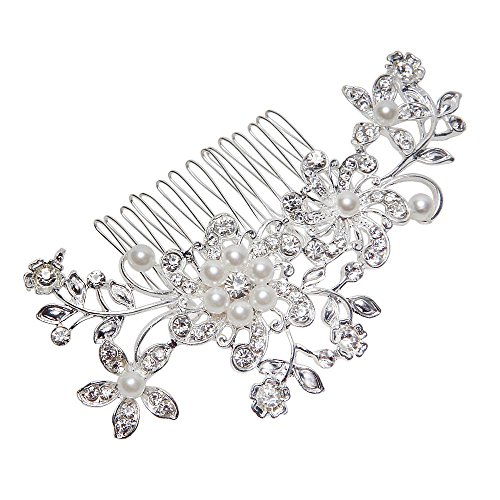 Leegoal Bridal Wedding Jewelry Crystal Rhinestone Pearl Flowers Hair Comb Pin Silver