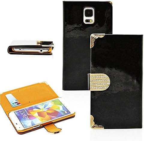 myLife Semi Gloss Black And Gold - Luxury Design - Koskin Faux Leather (Card, Cash and ID Holder + Magnetic Detachable Closing) Slim Wallet for NEW Galaxy S5 (5G) Smartphone by Samsung (External Rugged Synthetic Leather With Magnetic Clip + Internal Secure Snap In Hard Rubberized Bumper Holder)
