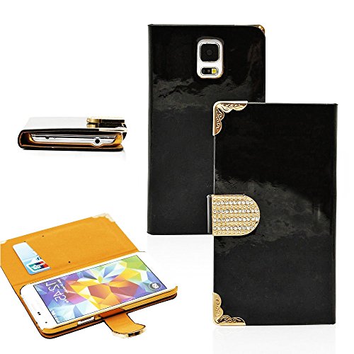 myLife Semi Gloss Black And Gold - Luxury Design - Koskin Faux Leather (Card, Cash and ID Holder + Magnetic Detachable Closing) Slim Wallet for NEW Galaxy S5 (5G) Smartphone by Samsung (External Rugged Synthetic Leather With Magnetic Clip + Internal Secure Snap In Hard Rubberized Bumper Holder)