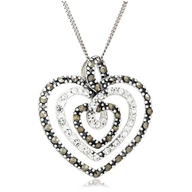 Sterling Silver Marcasite and Cubic Zirconia Triple Heart Pendant, 18 by