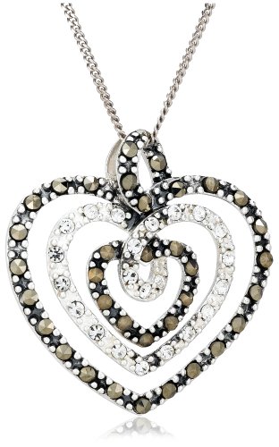 Sterling Silver Marcasite and Cubic Zirconia Triple Heart Pendant, 18