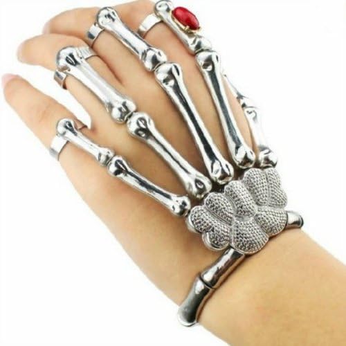 KATGE Fashion Halloween Silver Punk Rock Gothic Skeleton Skull Hand Bone Ring Bracelet for Children
