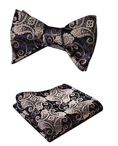 SetSense Men's Floral Jacquard Wedding Party Self Bow Tie Pocket Square Set Gold / Navy Blue