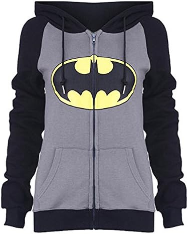 Full Stars Women's Fashion Batman Tops Hoodies Tees Zipper Sweatshirt Cardigan (Medium, Black&Grey)
