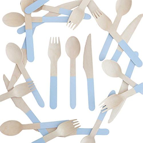 Meri Meri Wooden Cutlery, Disposable Wood Utensils, Birch Flatware, Bohemian Picnic Kit, Wedding Party Table Setting, Knife, Fork, Spoon Set (Pastel Blue), (16 Sets)