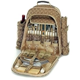Picnic and Beyond Estate Picnic Backpack for Four with Wine Bag and Waterproof Blanket by
