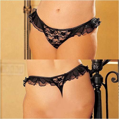 Plus Size Stretch Lace Open Front Thong O/S Black and White (2 Pack)