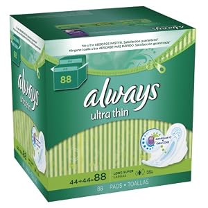 Always Ultra Thin Unscented Pads with Wings, Long/Super, 88 Count