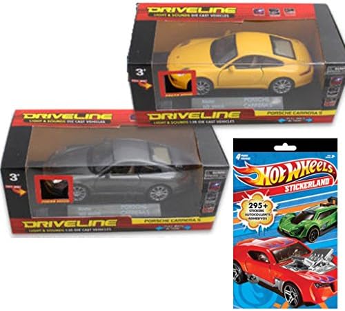1:35 Porsche Carrera S Die Cast Car Gift Set for Kids - 2 1:35 Die Cast Porsche Carrera S Light and Sound Cars (Colors May Vary) With Pull Back Action Plus 1 Pack of Hot Wheels Stickers
