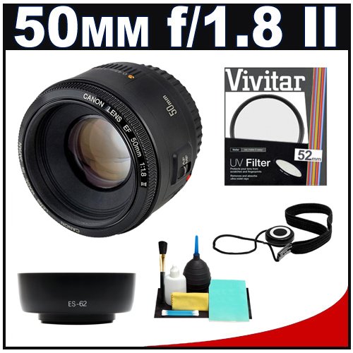 Canon EF 50mm f/1.8 II Lens + UV Filter + ES-62 Lens Hood + Accessory Kit for EOS 50D, 60D, 5D Mark II, 7D, Rebel XS, XSi, T1i, T2i, T3, T3i Digital SLR Cameras