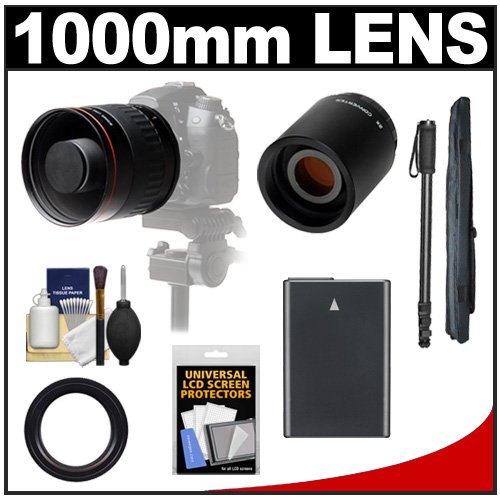 Vivitar 500mm f/6.3 Mirror Lens with 2x Teleconverter (=1000mm) + EN-EL14 Battery + Monopod + Accessory Kit for Nikon D3100, D3200, D5100, D5200 Digital Cameras On Sale
