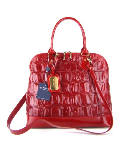 ARCADIA Italian Designer Handbag Tote with Shoulder Strap in Red Leather