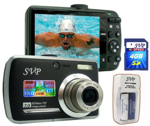 SVP Xthinn-737 Black 7MP 3x Optical zoom 3-inch LCD Digital Camera + FREE 4GB SDHC Card & AA Rechargeable set