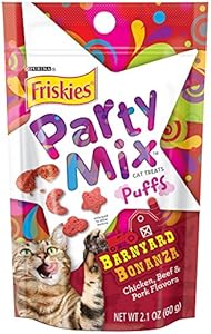 Friskies Party Mix Cat Treats, Barnyard Bonanza Puffs, Chciken, Beef & Pork Flavors, 2.1-Ounce Pouch, pack of 10