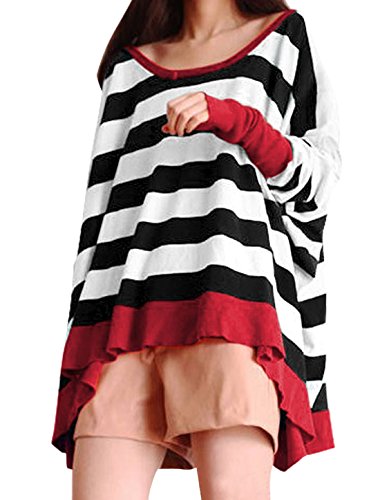 Allegra K Women Boat Neck Batwing Tops Stripe Oversize Plus Size T Shirts