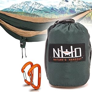 Premium Camping Hammock - Large Double Size, Portable & Lightweight. Aluminum Wiregate Carabiners Included. Ultralight Ripstop Parachute Nylon (Green/Khaki Stripe)