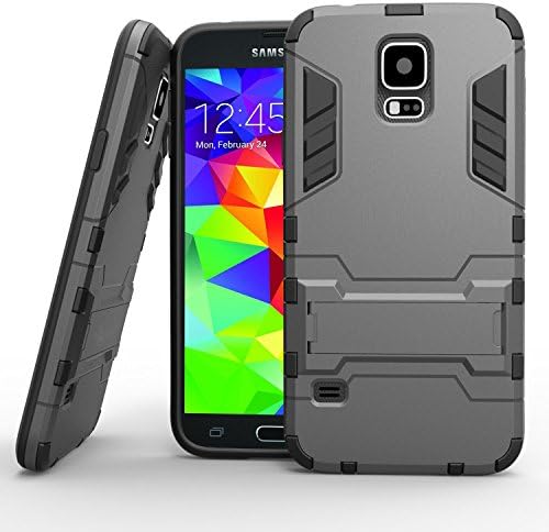 Galaxy S5 Case, Hongqing Shop Heavy Duty Slim Fit Tough Rugged Dual Layer Hybrid Armor Defender Protection Case with Built-in Kickstand for Samsung Galaxy S5 (Grey)