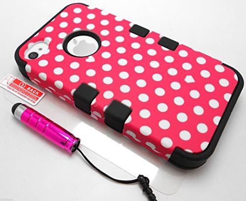 New Impact Hybrid Combo Hard Case Soft Rubber for Iphone 4 4s Pink Polka Dots Black Skin Tuff With Stylus Pen & Screen Protector