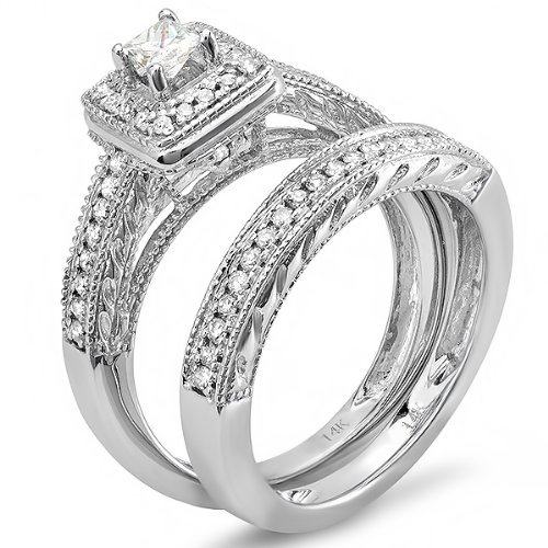 IGI Certified 14k White Gold Princess & Round Diamond Ladies Bridal Ring Set Halo Style Engagement Set 3/4 CT (0.75 cttw, H-I Color, I1-I2 Clarity)