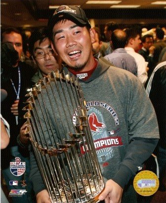Daisuke Matsuzaka Red Sox with WS Trophy 8x10 Photo