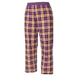 Purple and Gold (Yellow) tartan plaid check flannel cotton pants for lounging, sleep, sports. Unisex relaxed fit, exposed elastic waist
