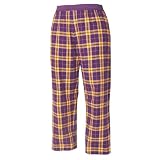 Purple and Gold (Yellow) tartan plaid check flannel cotton pants for lounging, sleep, sports. Unisex relaxed fit, available in 3 Youth sizes, exposed elastic waist