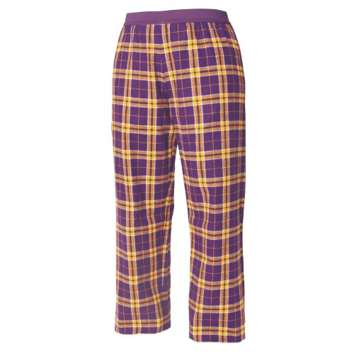 Purple and Gold (Yellow) tartan plaid check flannel cotton pants for lounging, sleep, sports. Unisex relaxed fit, available in 5 Adult sizes, exposed elastic waist