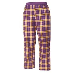Purple and Gold (Yellow) tartan plaid check flannel cotton pants for lounging, sleep, sports. Unisex relaxed fit, exposed elastic waist