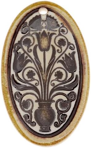 Clay River Designs Porcelain Pendant, 27x48mm Glazed Oval W/ Floral Motif, 1 Piece, Honey