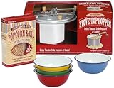 West Bend 6-Quart Stovetop Popcorn Popper with Serving Bowls and Seasoned Popcorn Packs