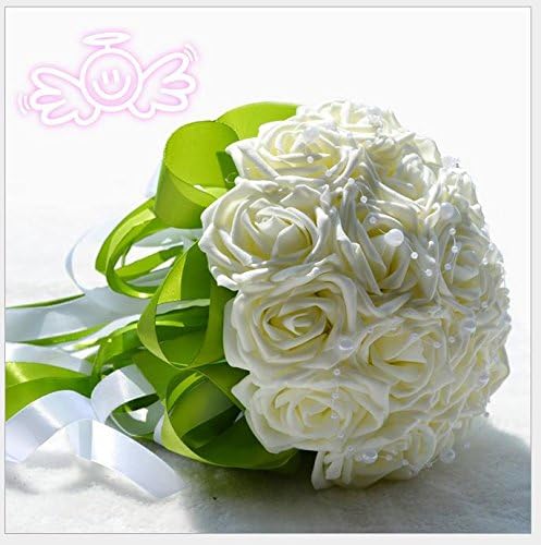 18pcs Artificial Roses with Pearls Chains Stain Ribbon Handle Bride Holding Flower Bouquet