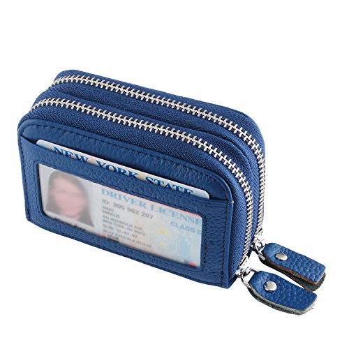 IDEAWIN Geniune Leather RFID Blocking Double Zipper Accordion style Card Wallet with ID Window Gift Box