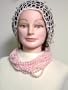 Sn89, Hand Crocheted Ivory Gimp Large Snood Trimmed with Fire Polished Golden Beads for Women Offered in Combination with Twelve Strand Cultured Graduated Pink Pearl Necklace and Earrings