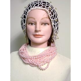 Sn89, Hand Crocheted Ivory Gimp Large Snood Trimmed with Fire Polished Golden Beads for Women...