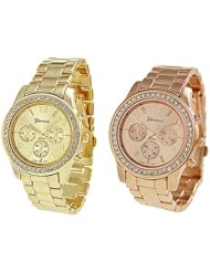 2 PACK Geneva Rose Gold and Gold Plated Classic Round CZ Ladies Boyfriend Watch